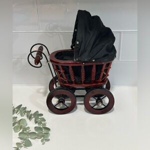 Vintage Antique Styles Dooll Stroller  Cherry Wood Wicker Black Cloth Carriage